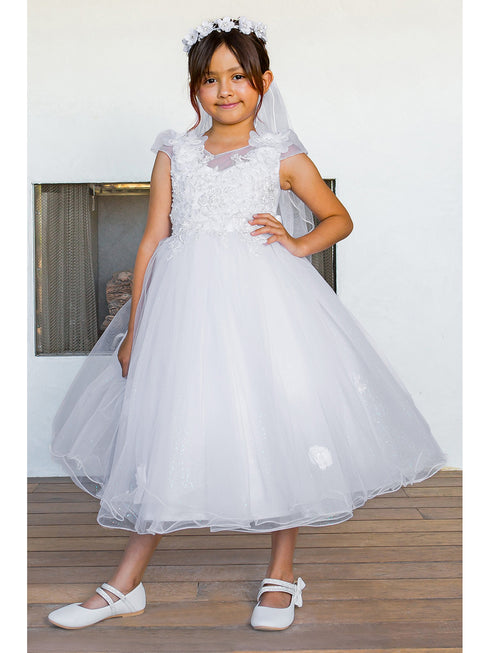 Girls White Cap Sleeve Crystal Tulle Bead Adorned Communion Dress 2-16 model 4- SophiasStyle.com
