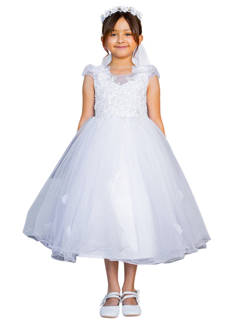 Girls White Cap Sleeve Crystal Tulle Bead Adorned Communion Dress 2-16 model 1- SophiasStyle.com