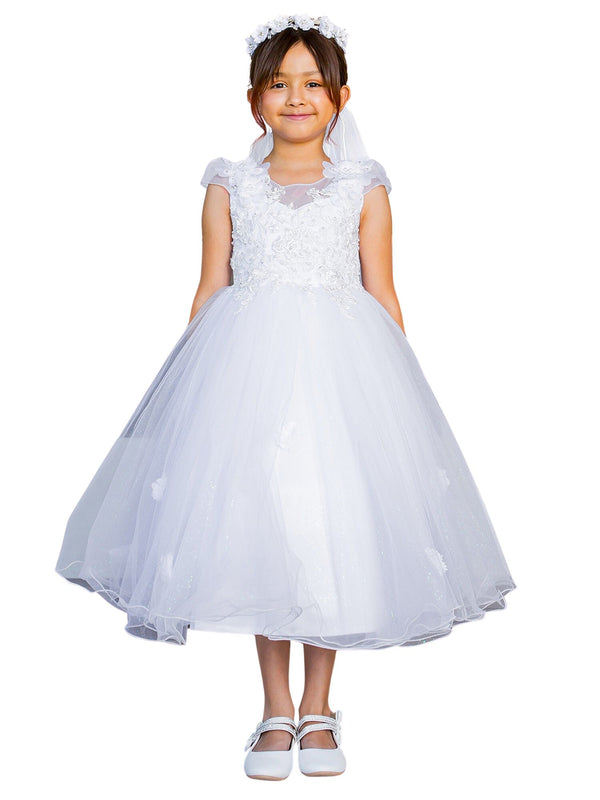 Girls White Cap Sleeve Crystal Tulle Bead Adorned Communion Dress 2-16 model 1- SophiasStyle.com