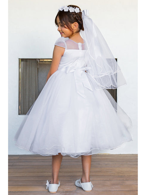 Girls White Cap Sleeve Crystal Tulle Bead Adorned Communion Dress 2-16 back- SophiasStyle.com