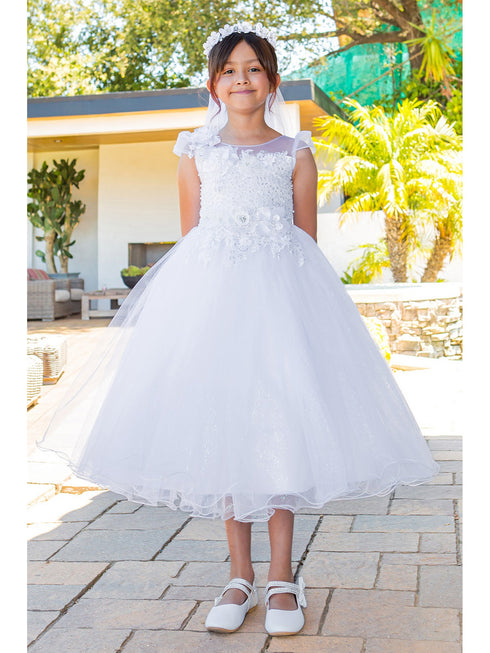 Girls White Bead 3D Flower Lace Crystal Tulle Communion Dress 6-16 model 1- SophiasStyle.com
