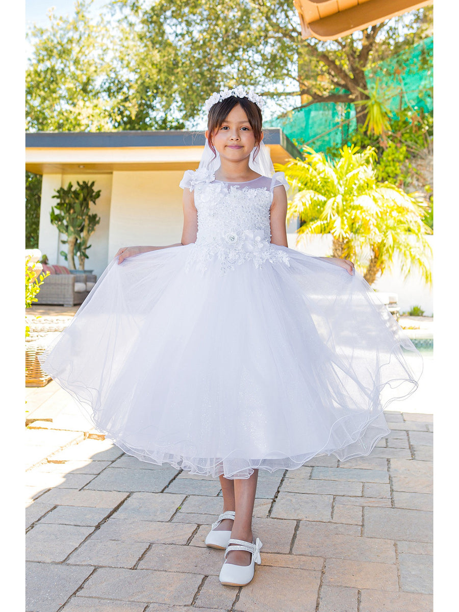 Girls White Lace Tulle Communion Dress with 3D Floral Appliqué