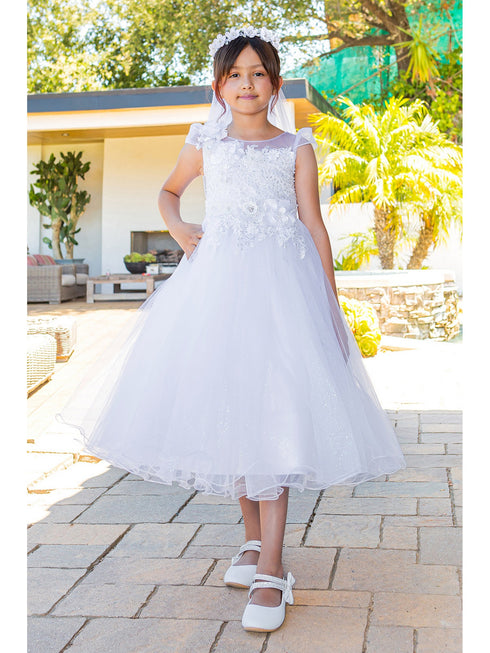 Girls White Bead 3D Flower Lace Crystal Tulle Communion Dress 6-16 model 3- SophiasStyle.com