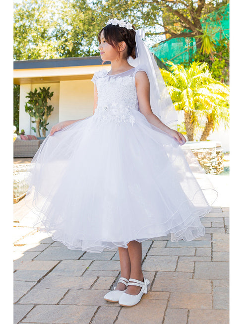 Girls White Bead 3D Flower Lace Crystal Tulle Communion Dress 6-16 model 4- SophiasStyle.com