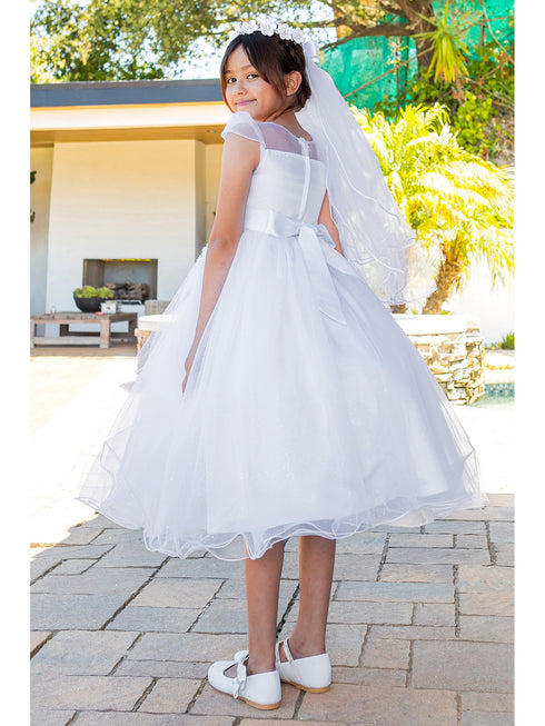 Girls White Bead 3D Flower Lace Crystal Tulle Communion Dress 6-16 back- SophiasStyle.com