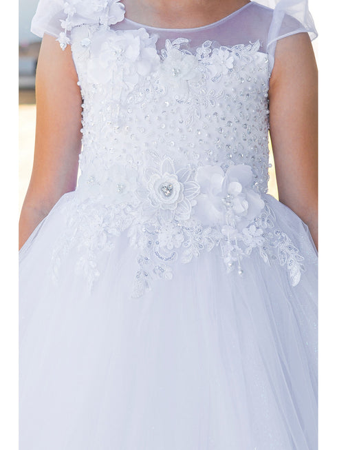 Girls White Bead 3D Flower Lace Crystal Tulle Communion Dress 6-16 detail- SophiasStyle.com