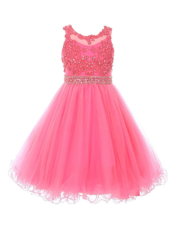 Girls Bubble Pink Rhinestone Pearl Beaded Mesh Junior Bridesmaid Dress 4-16