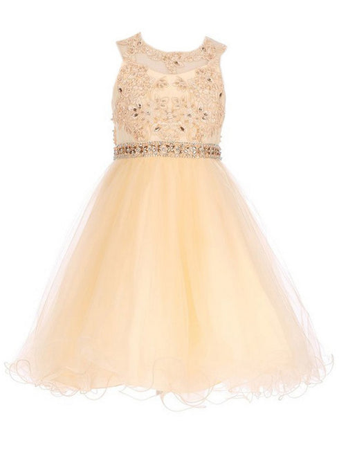 Girls Champagne Rhinestone Pearl Beaded Mesh Junior Bridesmaid Dress 4-16