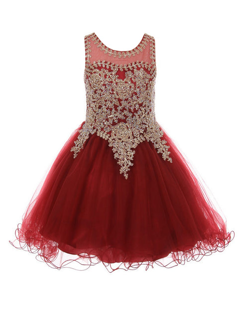 Girls Burgundy Gold Trim Wire Tulle Flower Girl Junior Bridesmaid Dress 4-20