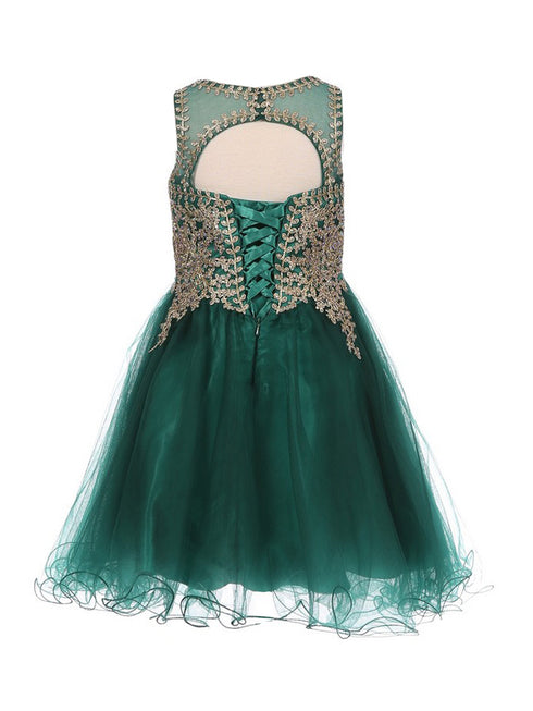 Girls Hunter Green Gold Trim Wire Tulle Flower Girl Junior Bridesmaid Dress 4-20