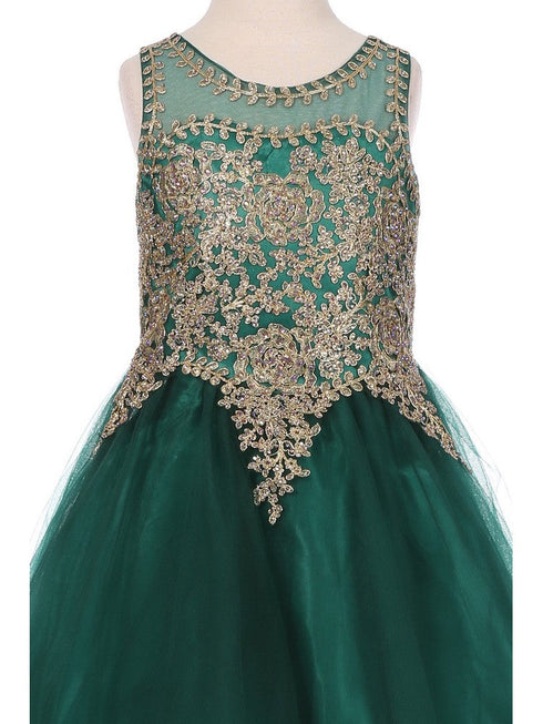 Girls Hunter Green Gold Trim Wire Tulle Flower Girl Junior Bridesmaid Dress 4-20