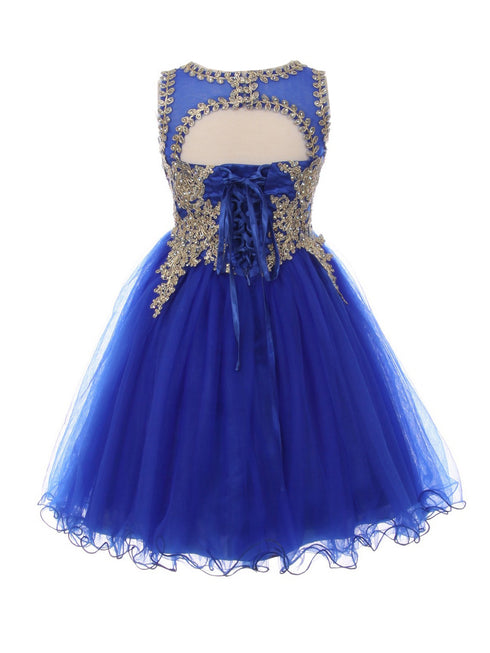 Girls Royal Blue Gold Trim Wire Tulle Flower Girl Junior Bridesmaid Dress 4-20