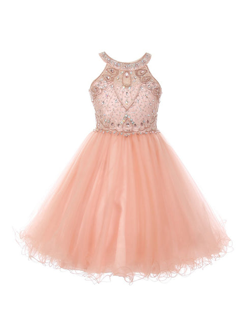 Girls Blush Rhinestone Halter Neck Tulle Flower Girl Junior Bridesmaid Dress 4-20 SophiasStyle.com