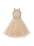 Girls Champagne Rhinestone Halter Neck Tulle Flower Girl Junior Bridesmaid Dress 4-20 SophiasStyle.com