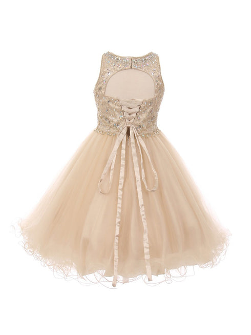 Girls Champagne Rhinestone Halter Neck Tulle Flower Girl Junior Bridesmaid Dress back 4-20 SophiasStyle.com