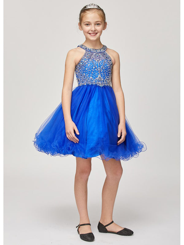 Girls Royal Blue Rhinestone Halter Neck Tulle Flower Girl Junior Bridesmaid Dress 4-20