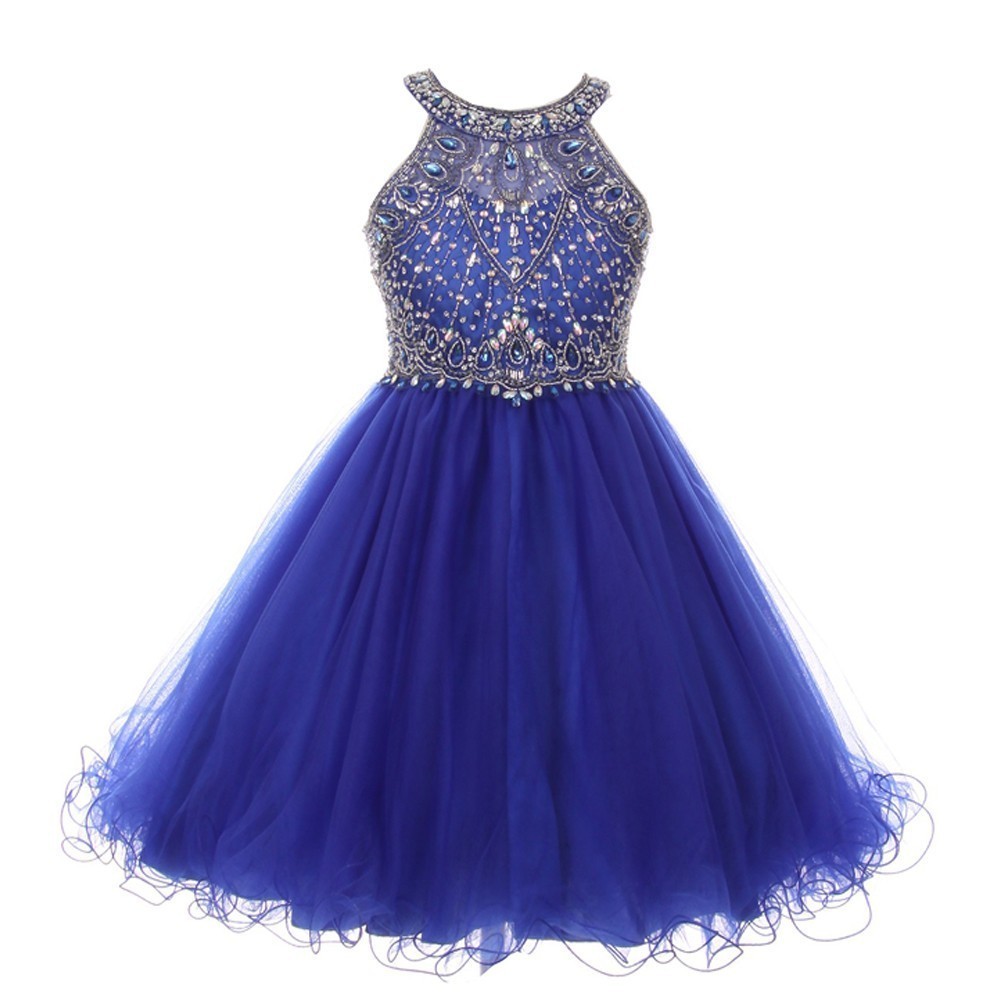 Big Girls Aqua Rhinestone Halter Neck Tulle Junior Bridesmaid Dress 20, image size:1001x1001