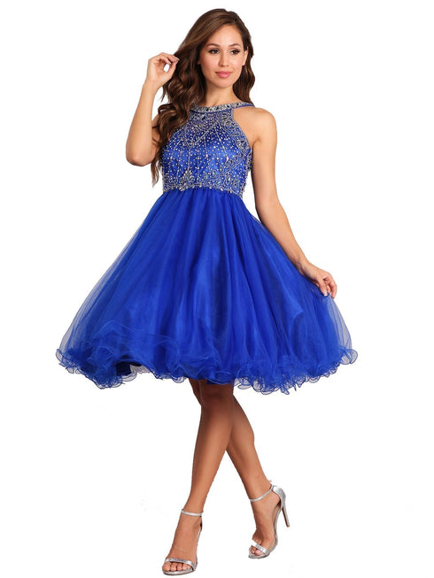 Girls Royal Blue Rhinestone Halter Neck Tulle Flower Girl Junior Bridesmaid Dress 4-20