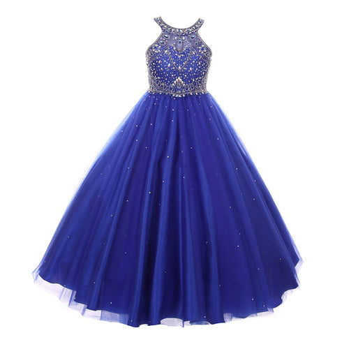 Girls Dazzling Halter Beaded Tulle Special Occasion Dress Gown 4-16 - SophiasStyle.com