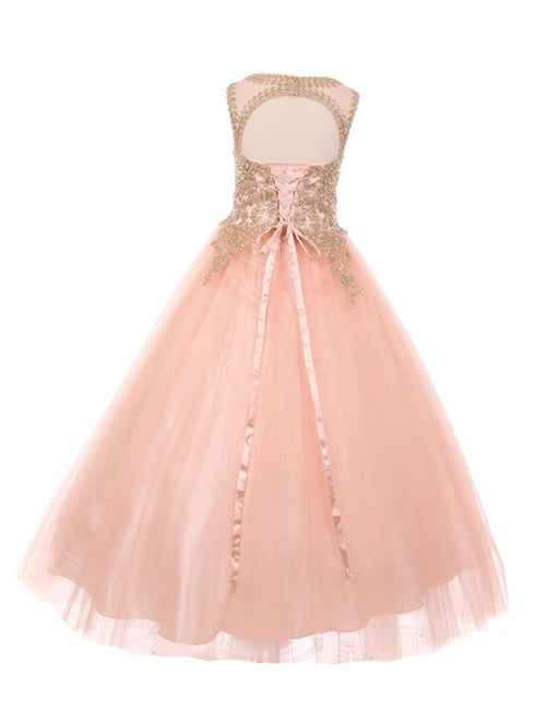 Girls Blush Gold Rhinestone Cording Illusion Flower Girl Dress 4-16 back - SophiasStyle.com