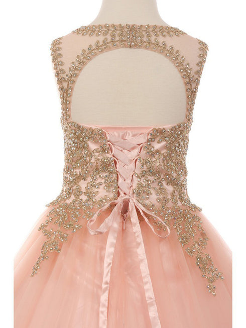 Girls Blush Gold Rhinestone Cording Illusion Flower Girl Dress 4-16 detail - SophiasStyle.com
