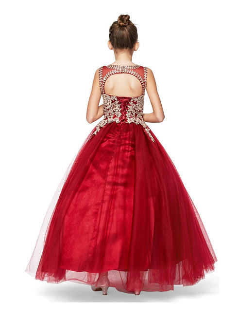 Girls Burgundy Gold Rhinestone Cording Illusion Flower Girl Dress 4-16 model back - SophiasStyle.com