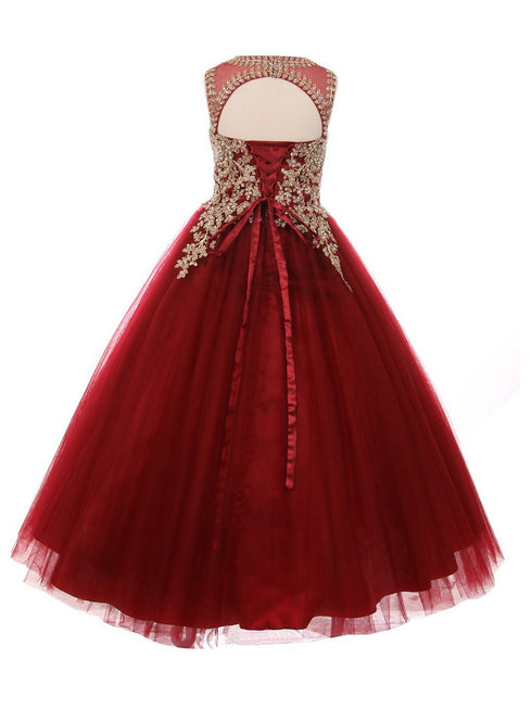 Girls Burgundy Gold Rhinestone Cording Illusion Flower Girl Dress 4-16 back - SophiasStyle.com