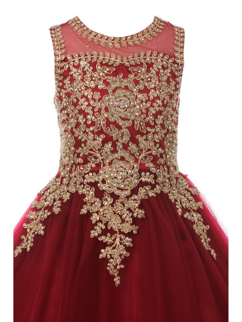 Girls Burgundy Gold Rhinestone Cording Illusion Flower Girl Dress 4-16 detail - SophiasStyle.com