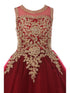 Girls Burgundy Gold Rhinestone Cording Illusion Flower Girl Dress 4-16 detail - SophiasStyle.com