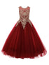 Girls Burgundy Gold Rhinestone Cording Illusion Flower Girl Dress 4-16 - SophiasStyle.com