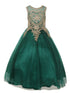 Girls Hunter Green Gold Rhinestone Cording Illusion Flower Girl Dress 4-16 - SophiasStyle.com