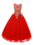 Girls Red Gold Rhinestone Cording Illusion Flower Girl Dress 4-16 - SophiasStyle.com