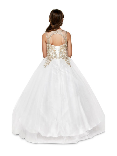 Girls Off-White Gold Rhinestone Cording Illusion Flower Girl Dress 4-16 model back - SophiasStyle.com