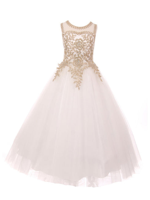Girls Off-White Gold Rhinestone Cording Illusion Flower Girl Dress 4-16 - SophiasStyle.com