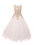 Girls Off-White Gold Rhinestone Cording Illusion Flower Girl Dress 4-16 - SophiasStyle.com