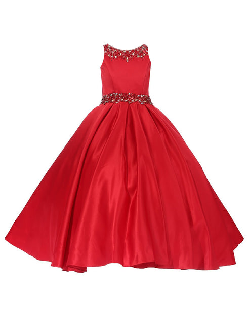 Big Girls Red Shimmery Beaded Pleated Dull Satin Junior Bridesmaid Dress 8-16 - SophiasStyle.com