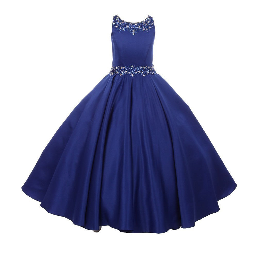 Girls Royal Blue Beaded Pleated Dull Satin Junior Bridesmaid Dress, Sizes 2-16