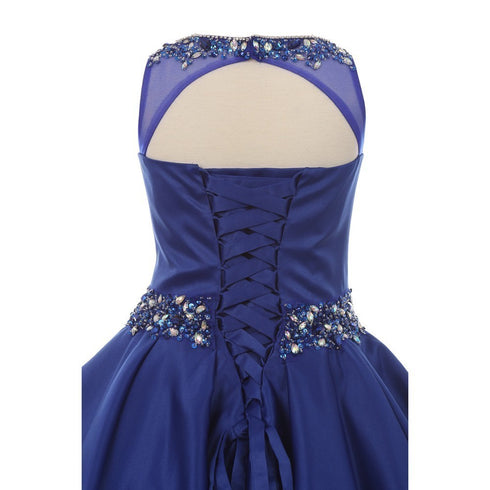 Little Girls Royal Blue Beaded Pleated Dull Satin Flower Girl Dress 4-6 - SophiasStyle.com