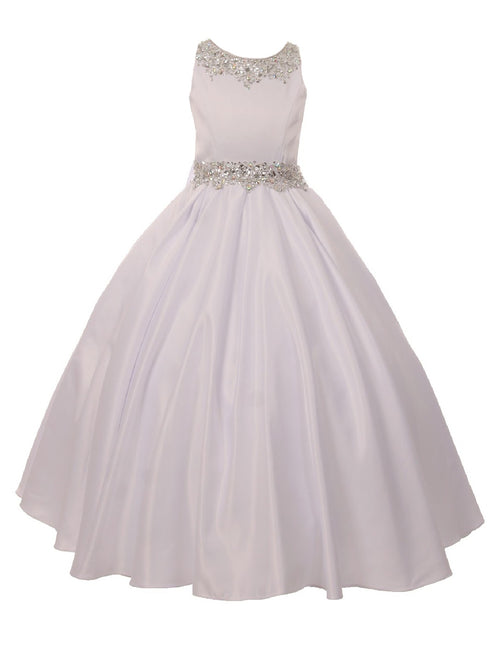 Little Girls White Shimmery Beaded Pleated Dull Satin Flower Girl Dress 2-6 - SophiasStyle.com