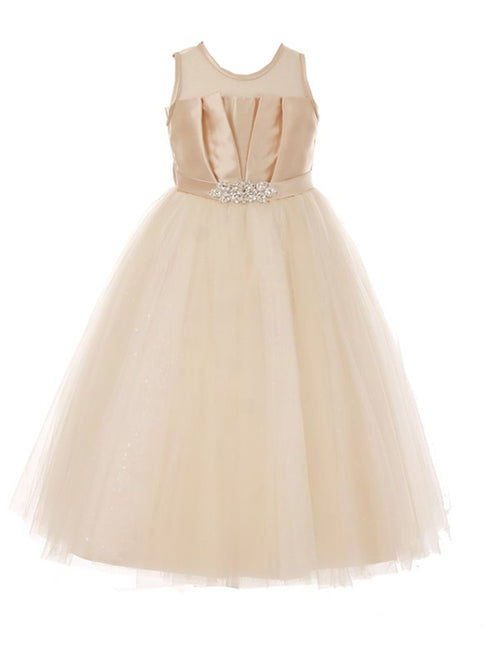 Girls Multi Color Illusion Neckline Pleated Satin Tulle Flower Girl Dress 2-16 - SophiasStyle.com