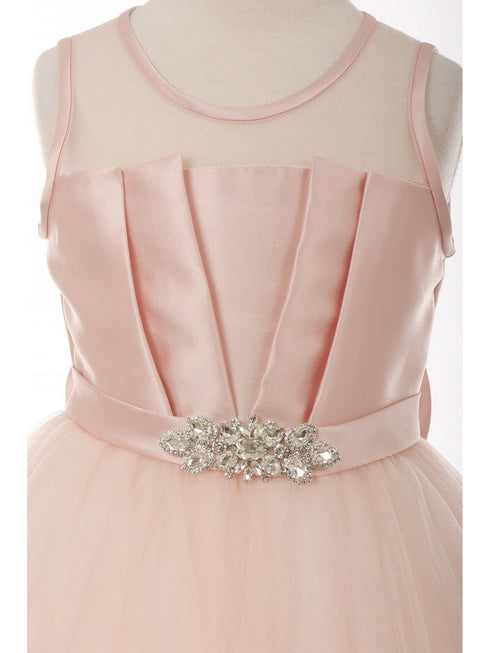 Girls Multi Color Illusion Neckline Pleated Satin Tulle Flower Girl Dress 2-16 - SophiasStyle.com