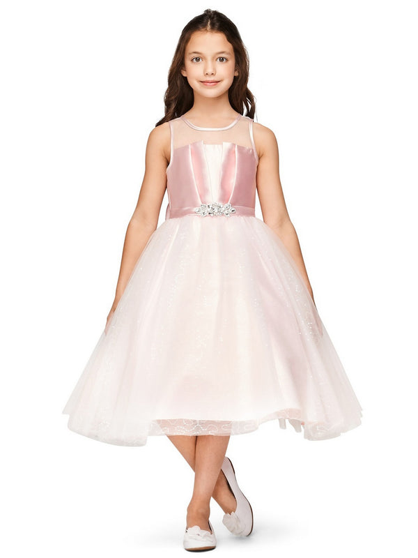Girls Multi Color Illusion Neckline Pleated Satin Tulle Flower Girl Dress 2-16 - SophiasStyle.com
