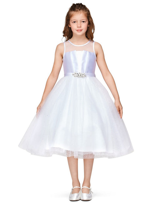 Girls Multi Color Illusion Neckline Pleated Satin Tulle Flower Girl Dress 2-16 - SophiasStyle.com