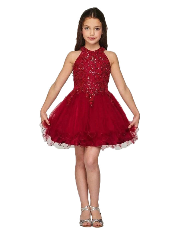 Girls Halter Neck Rhinestone Party Tulle Flower Girl Junior Bridesmaid Dress, Sizes 2-16 - SophiasStyle.com