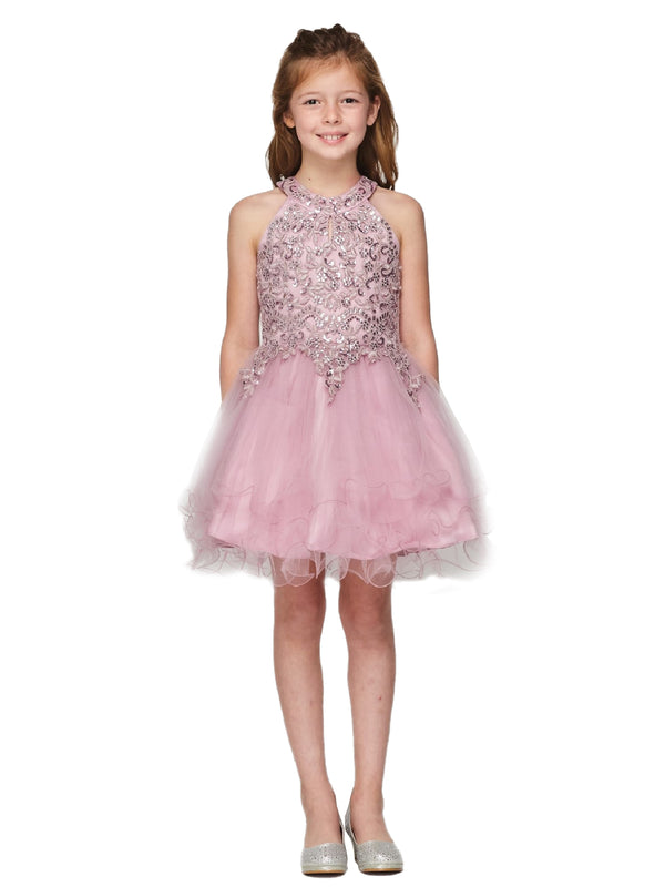 Girls Halter Neck Rhinestone Party Tulle Flower Girl Junior Bridesmaid Dress, Sizes 2-16 - SophiasStyle.com