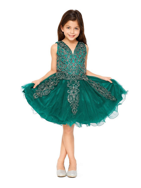 Girls Hunter Green Beaded Lace Corset Short Tulle Flower Girl Dress 2-16 - SophiasStyle.com
