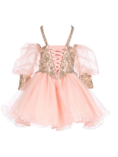 Girls Blush Gold Lace Glitter Tulle Flower Girl Party Dress 2-16 - SophiasStyle.com back