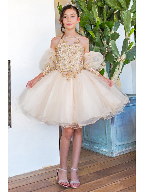 Girls Champagne Gold Lace Glitter Tulle Flower Girl Party Dress 2-16 - SophiasStyle.com model 2