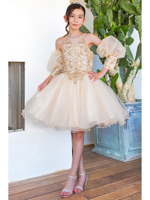 Girls Champagne Gold Lace Glitter Tulle Flower Girl Party Dress 2-16 - SophiasStyle.com model 3
