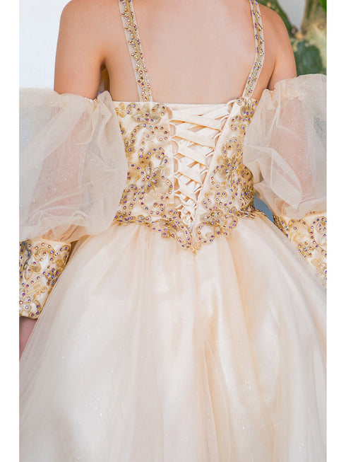 Girls Champagne Gold Lace Glitter Tulle Flower Girl Party Dress 2-16 - SophiasStyle.com corset